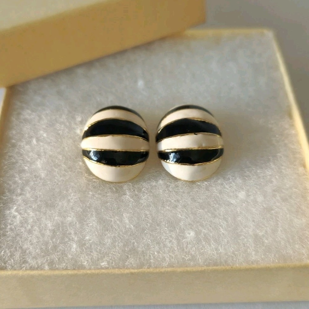Vintage Black Cream Striped Enamel Dome Earrings Gold Tone